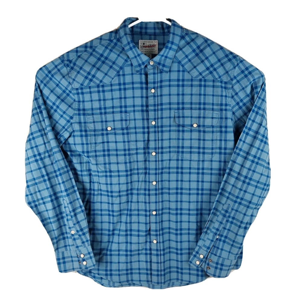 Lucky Brand Western Shirt Mens Large Blue Plaid Saturday Stretch Pearl‎ Snap
